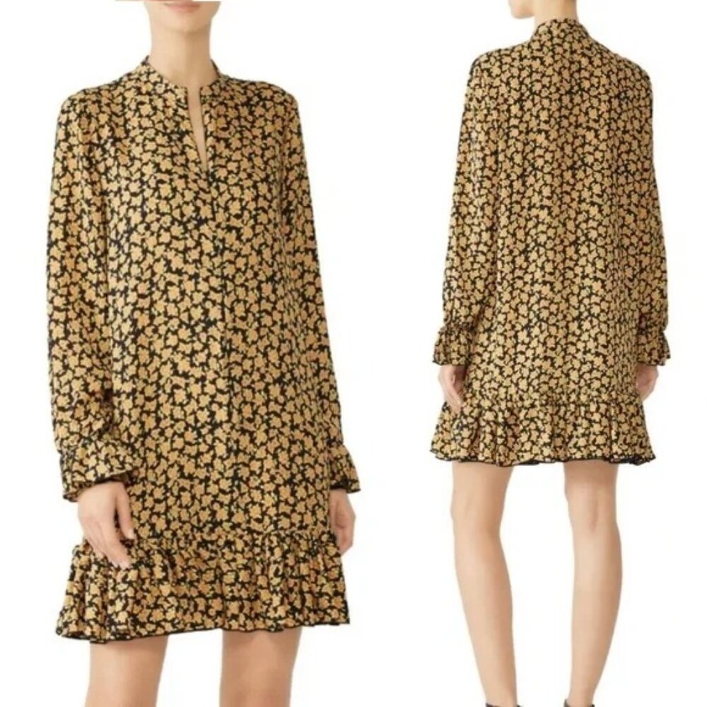 Scotch‎ & Soda Yellow Floral Mini Dress Size S Long Sleeve Ruffle Hem Zip Front